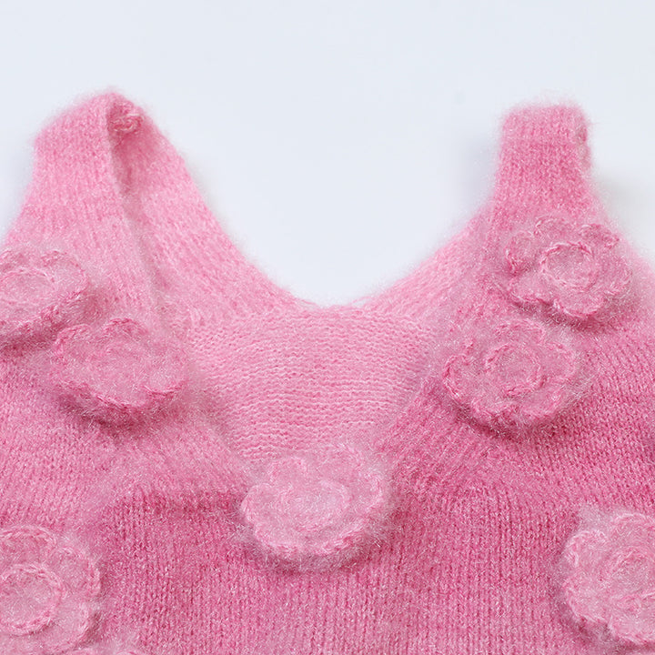Pink 3D flower knitted sleeveless vest for women