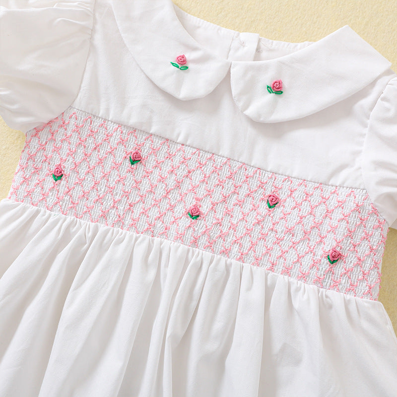Rose embroidery white smocked princess dress