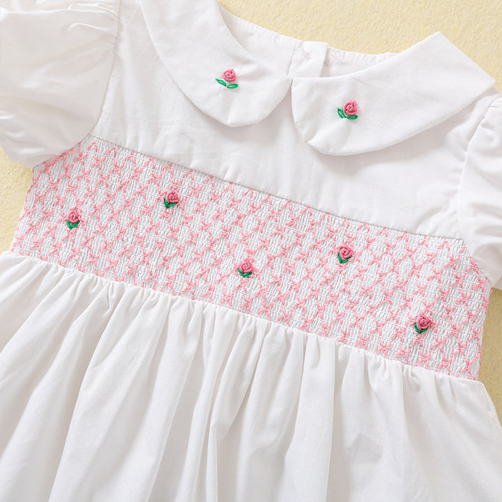 Rose embroidery white smocked princess dress