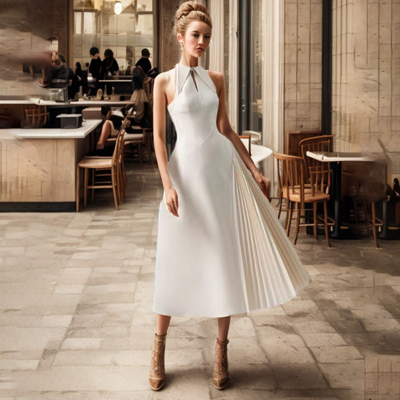 Lapel hollow sleeveless waist pleated dress