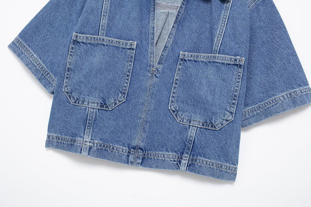 Cropped Denim Shirt&Double Breasted Culottes