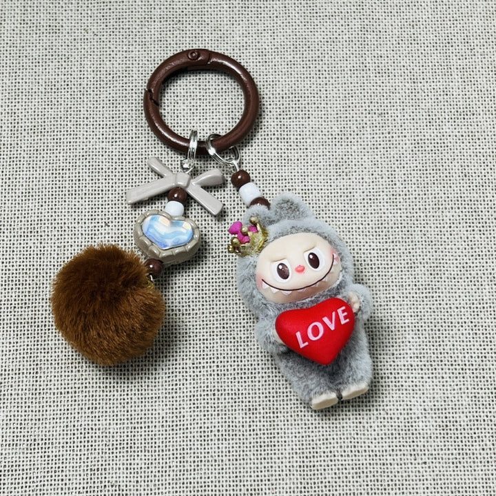 Holding love heart Flocked labubu keychain bag pendant