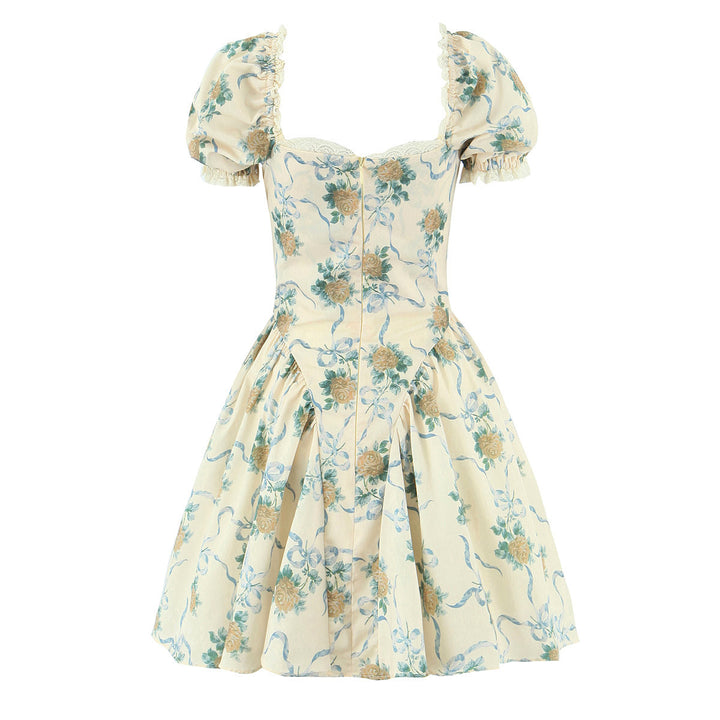 Retro oil painting floral bow tie lace princess dress