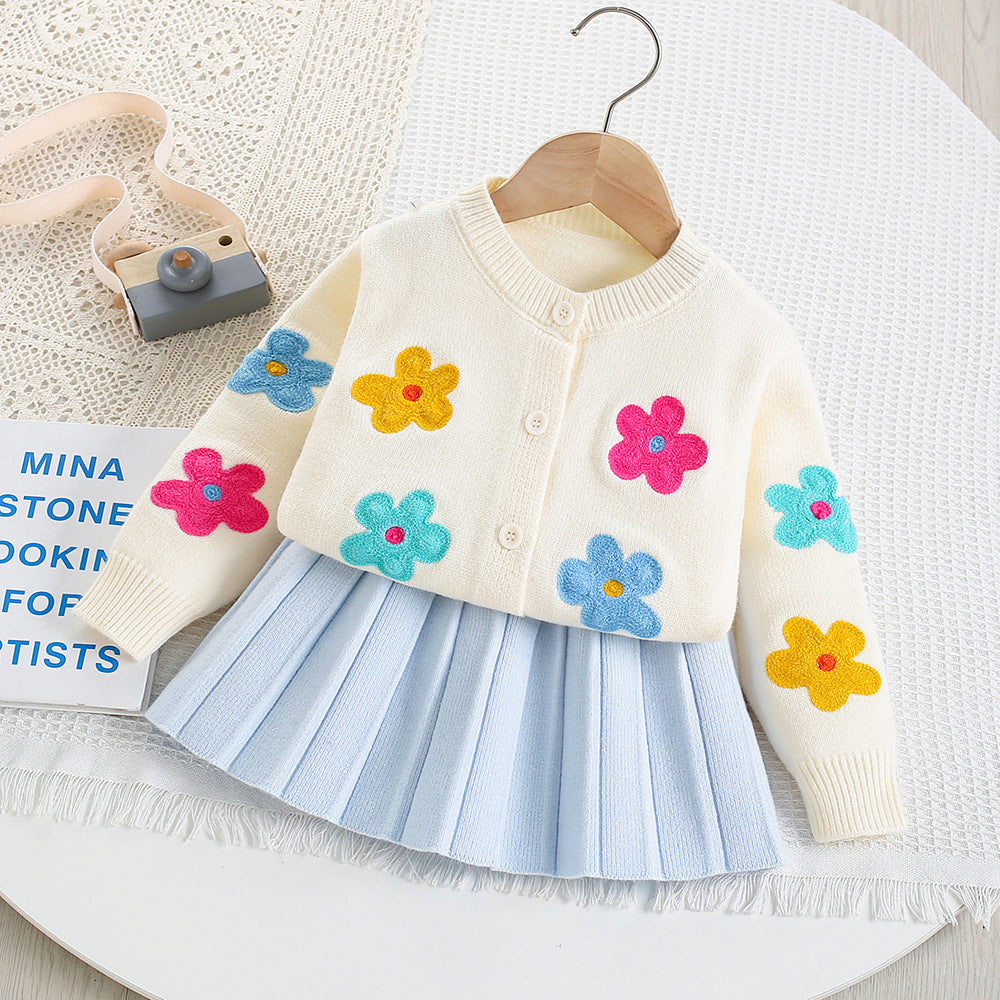 Colorful floral knitted cardigan&Pleated Skirt 2pcs set