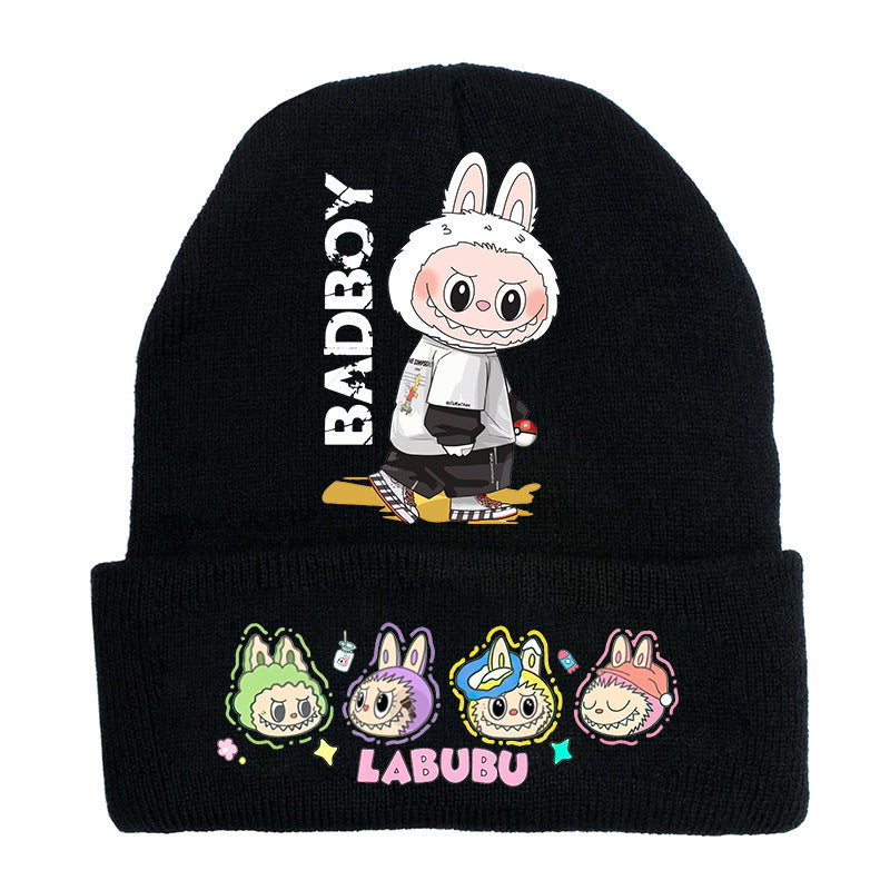 Cute monster printed knitted beanie hat-black