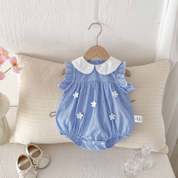 Baby girl summer sleeveless blue&white striped lapel romper