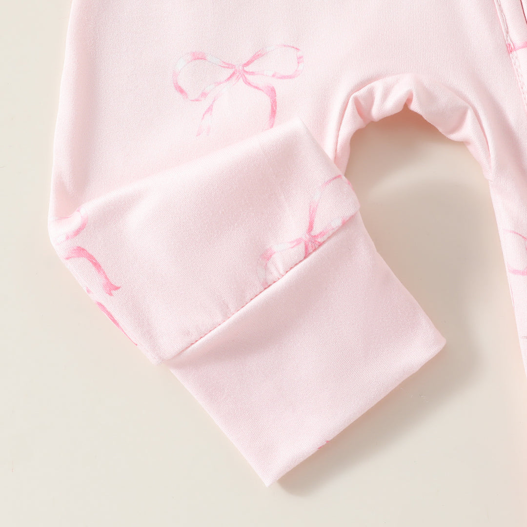 Sweet Bow Pink Bodysuit Long Sleeve Zipper romper