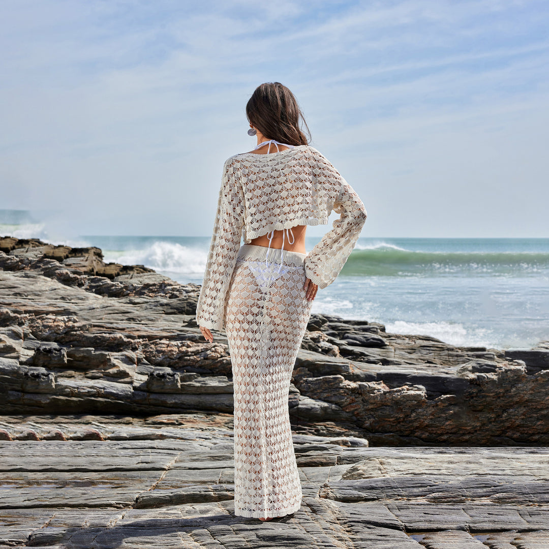 Hollow knitted short top&skirt beach cover up