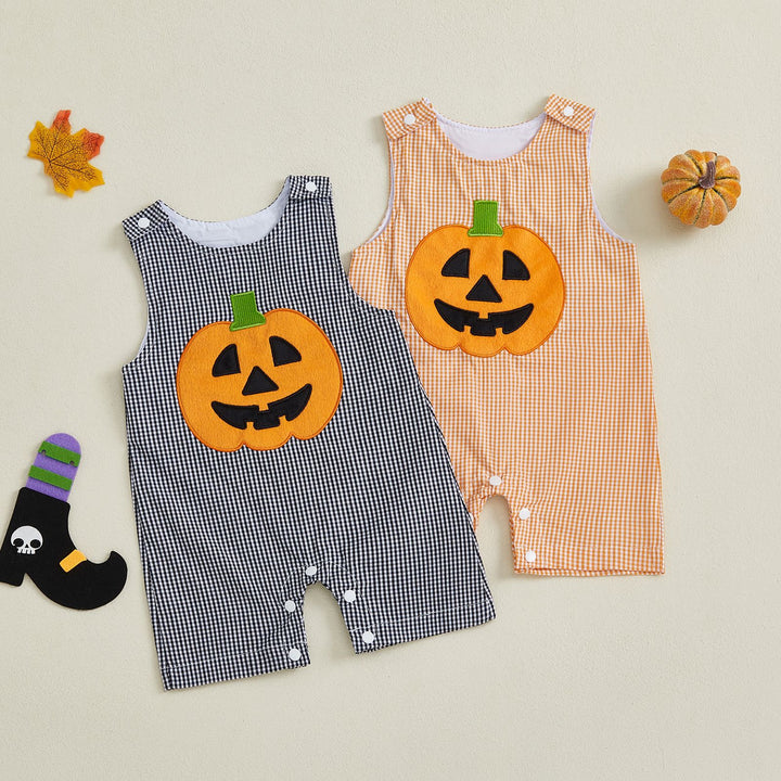 Cute pumpkin embroidered plaid jumpsuit for Halloween