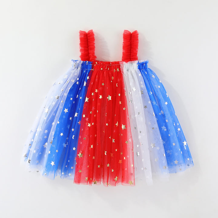 Girls'Glitter Stars Red White Blue mesh dress for 4th of July