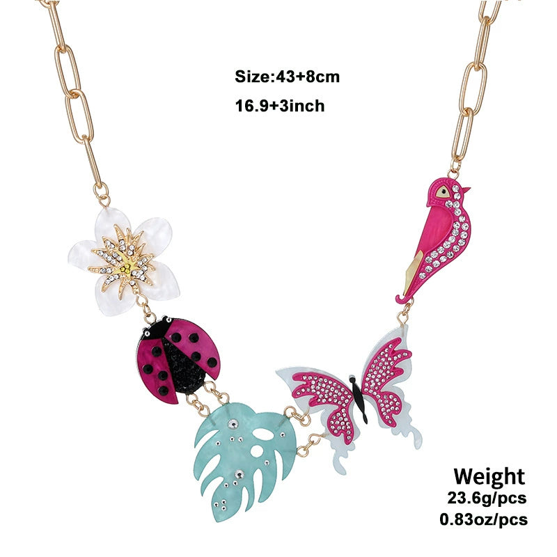 Spring &Summer Acrylic Flower Bird Diamond Necklace