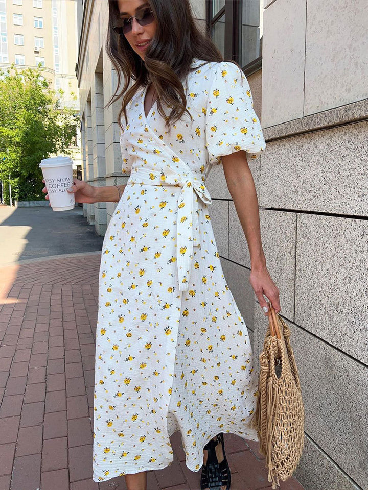 Cotton crepe puff sleeve V-neck lace-up floral dress