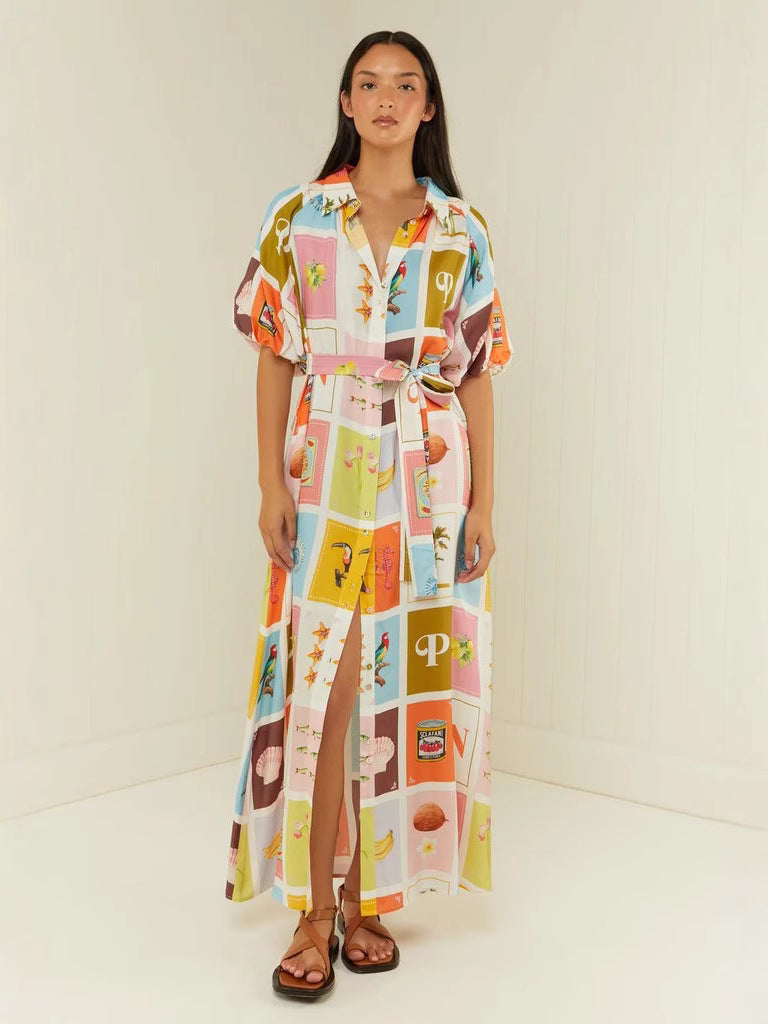 Floral-Print Linen Loose Lace-Up Maxi Swing Dress