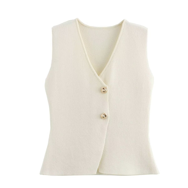 V-neck gold button knitted vest&pleated skirt