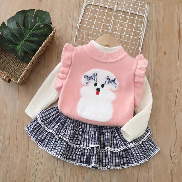 Cute Puppy Jacquard Knitted Vest Sweater skirt 3pcs set