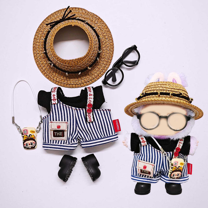 Labubu doll clothes Striped overalls T-shirt 6pcs set