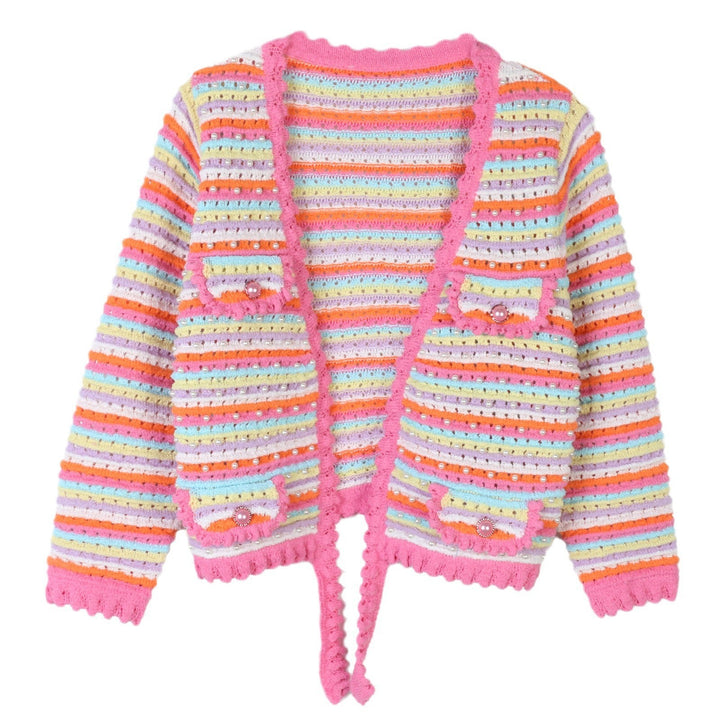 Pink striped knitted cardigan sweater