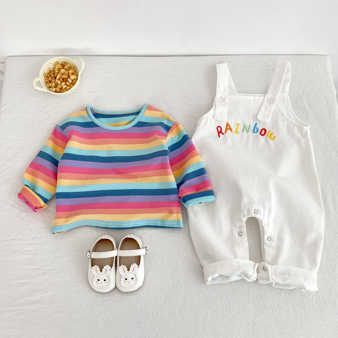 Rainbow baby overalls &striped long-sleeved top 2pcs set