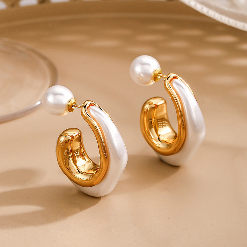 Gold Classic Pearl C Hoop Earring