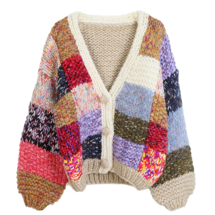 Loose color patchwork V-neck knitted sweater cardigan