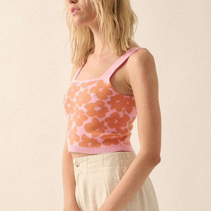 Summer flower jacquard knitted crop top
