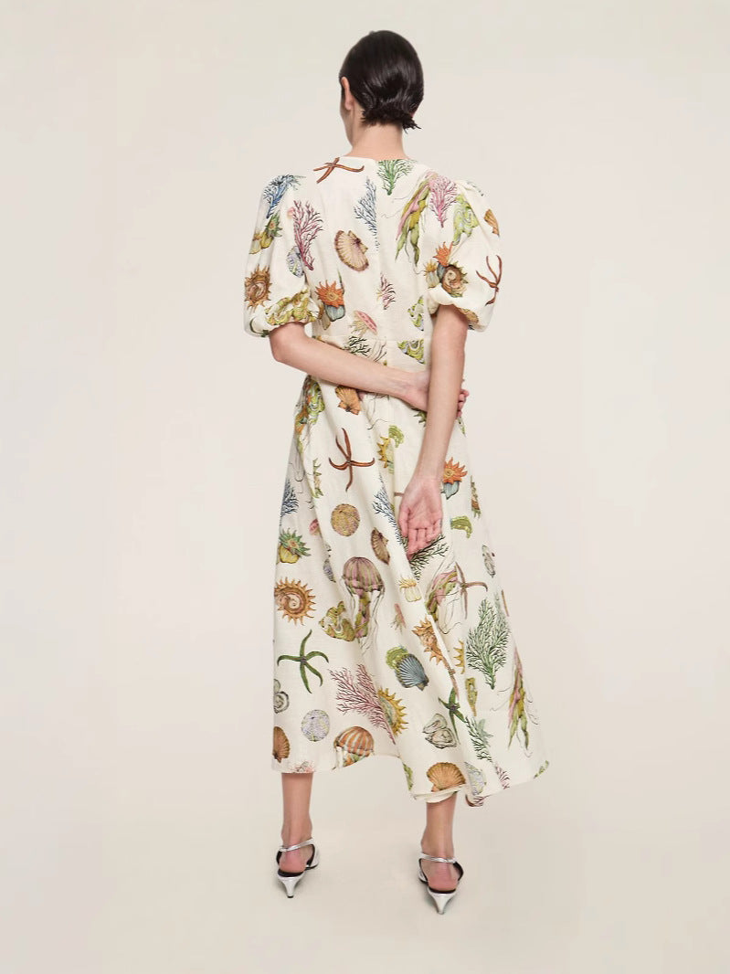 Deep Sea Dreaming Lantern Sleeve Round Neck Linen Dress