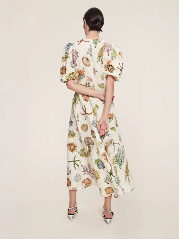 Deep Sea Dreaming Lantern Sleeve Round Neck Linen Dress