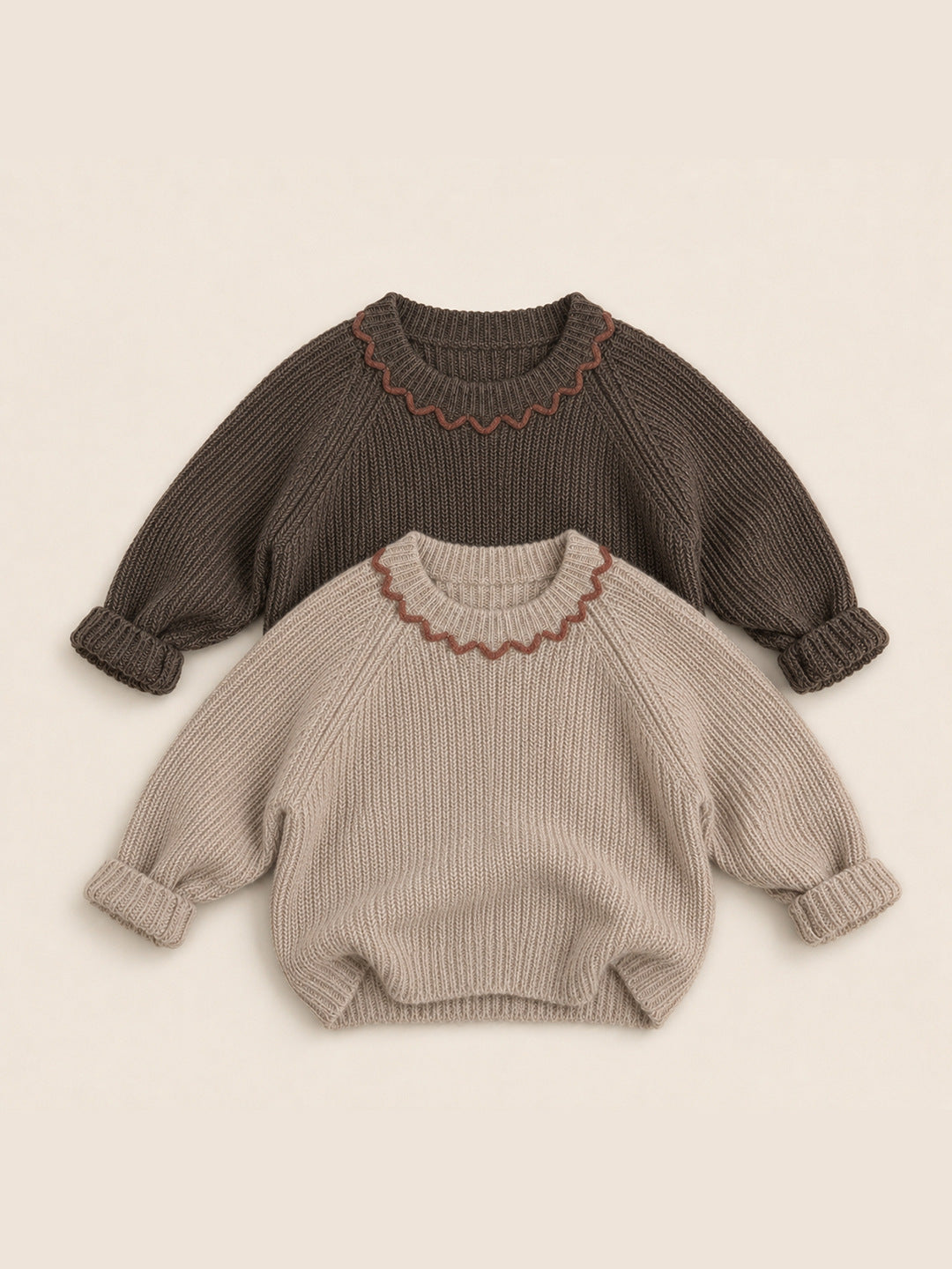 Girls' Ribbed Knit Pullover with Contrast-Color Scalloped Crew Neck