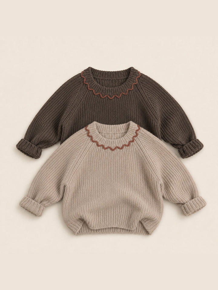 Girls' Ribbed Knit Pullover with Contrast-Color Scalloped Crew Neck