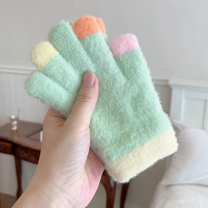 Colorful macaron warm gloves students five fingers gloves