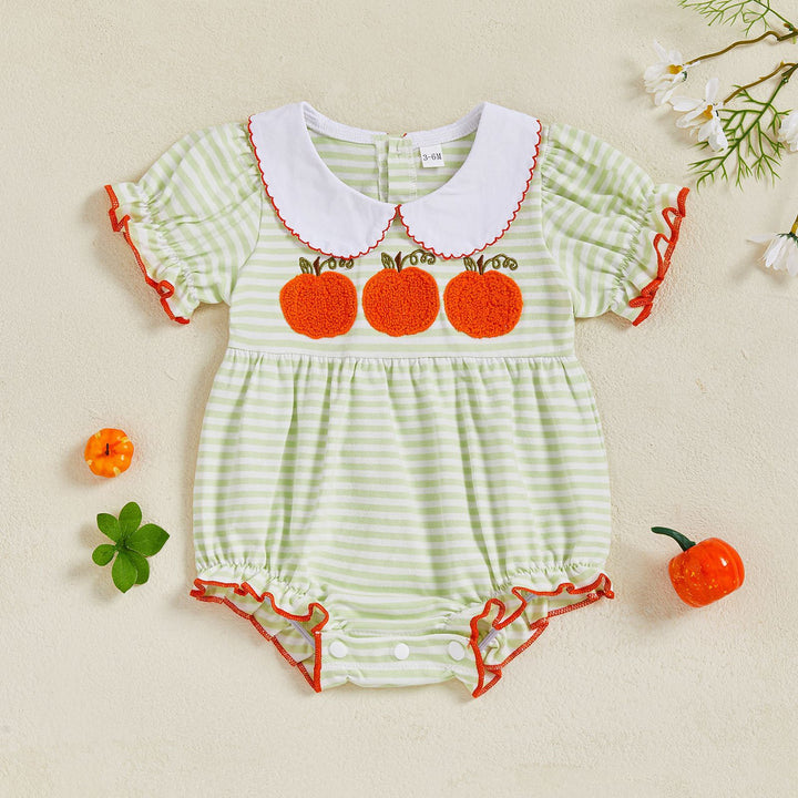 Halloween Pumpkin Embroidery Striped Puff Sleeve Romper