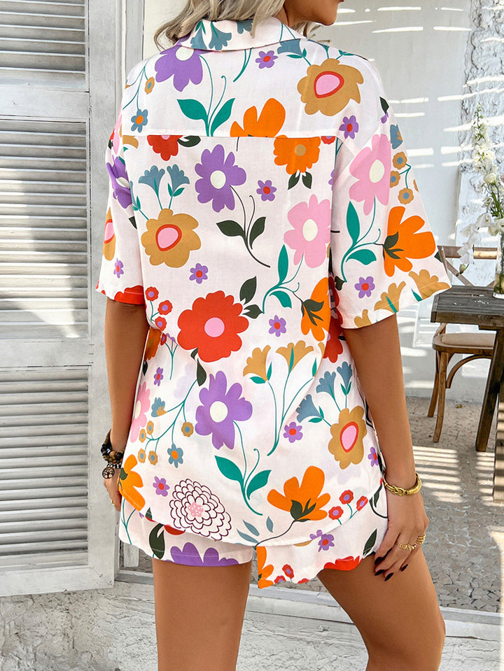 Boho Printed Button Top&short Set for summer vacation