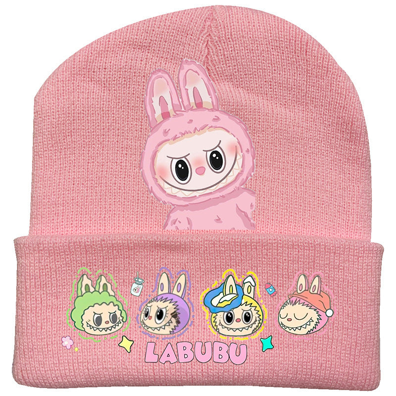 Cute monster printed knitted beanie hat-pink