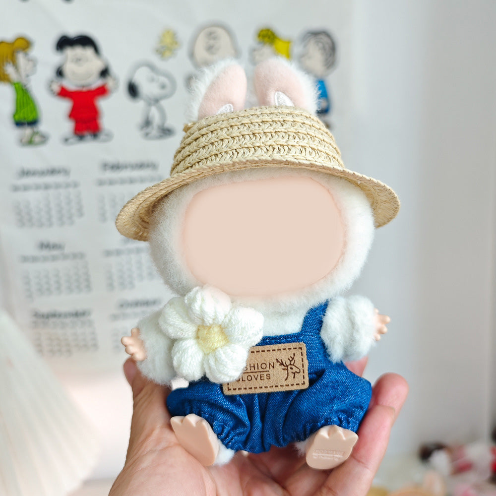 Labubu cute Straw hat&denim overalls set dolls clothes