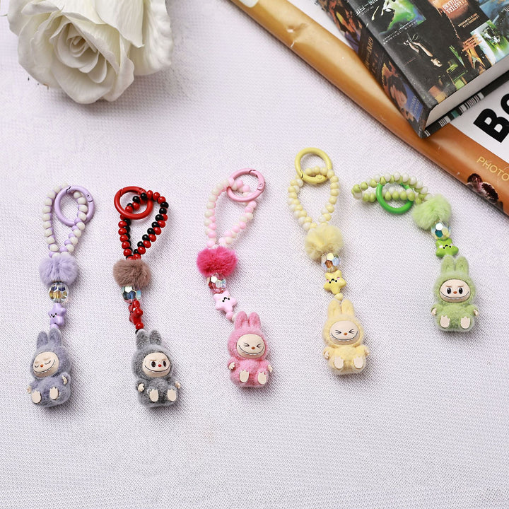 Beaded Mini Flocked Labubu keychain bag pendant
