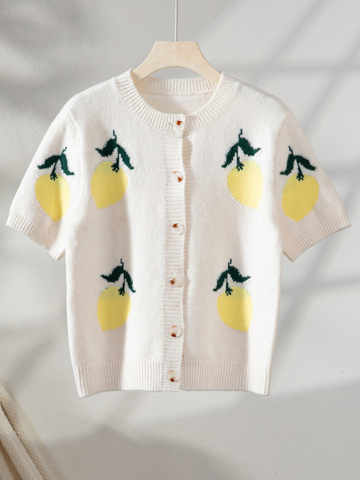 Women's Three-quarter Sleeve Lemon jacquard Button Sweater