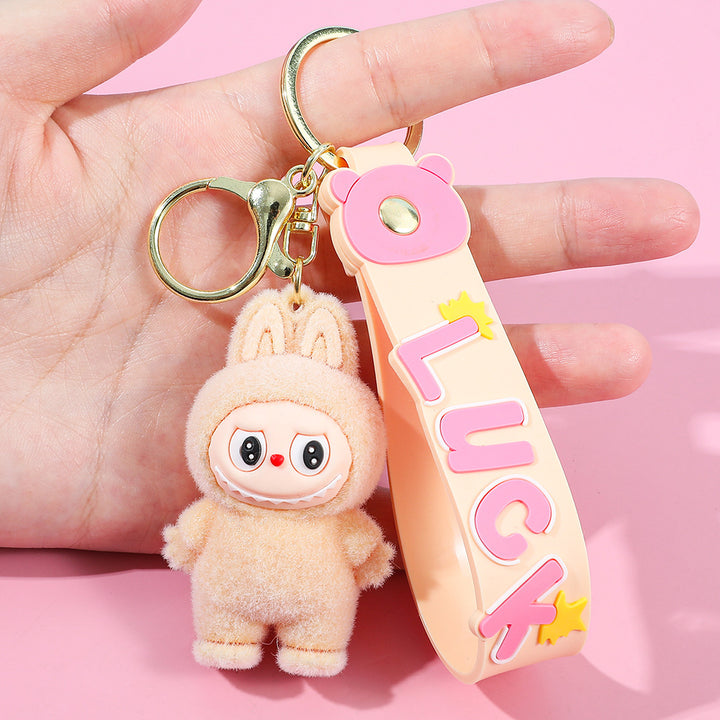 Labubu flocking keychain labubu pendant school gift