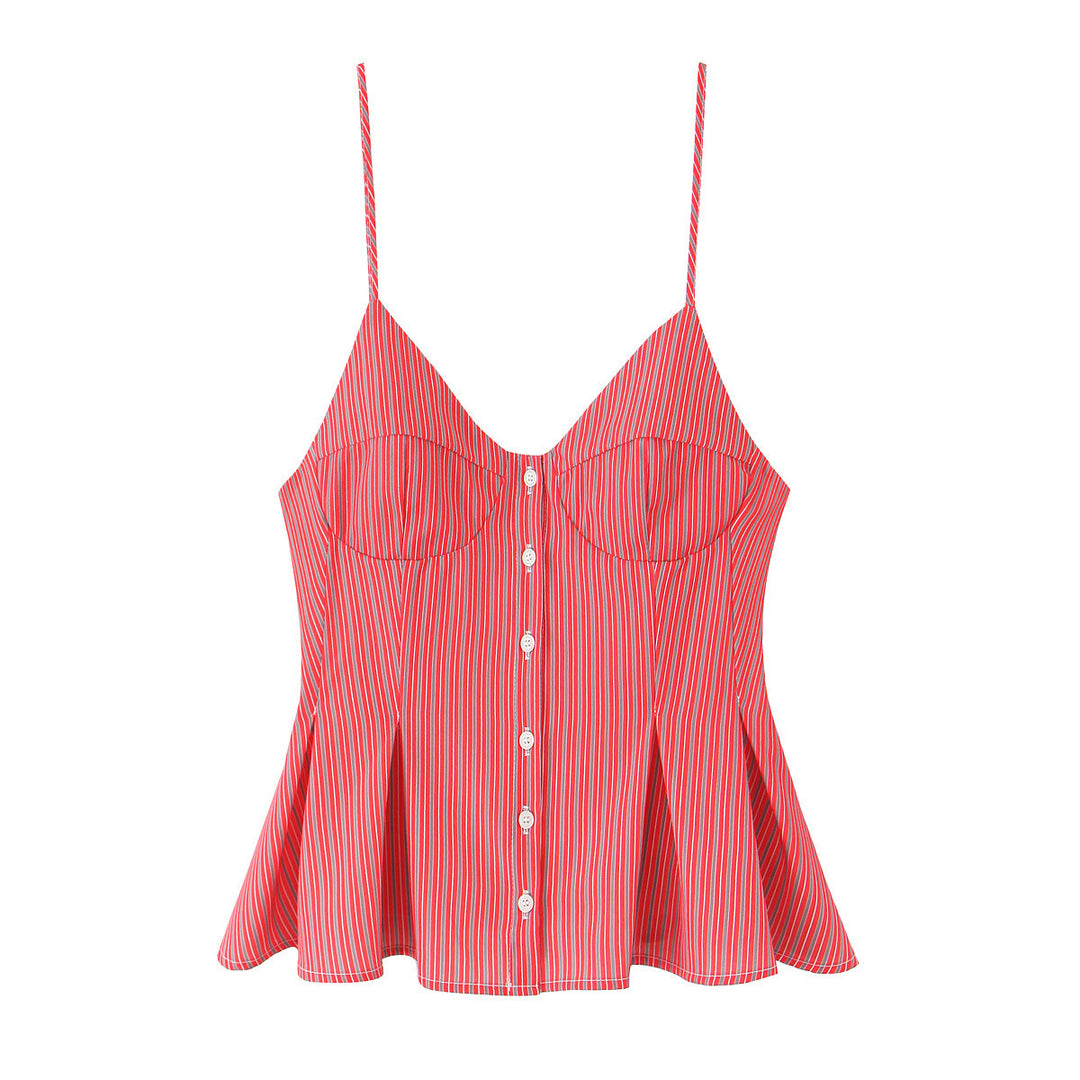 V-neck button-down striped pleated camisole top