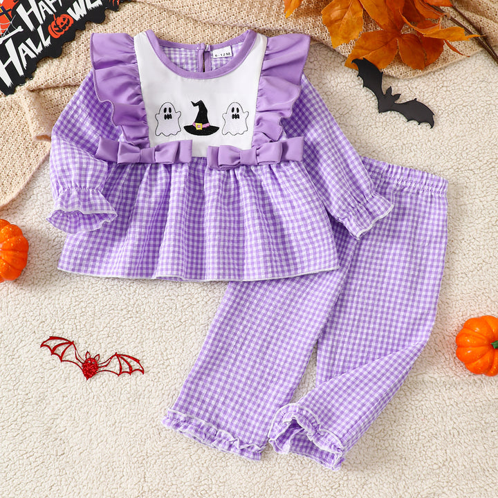 Halloween ghost embroidery plaid ruffle top&pant set
