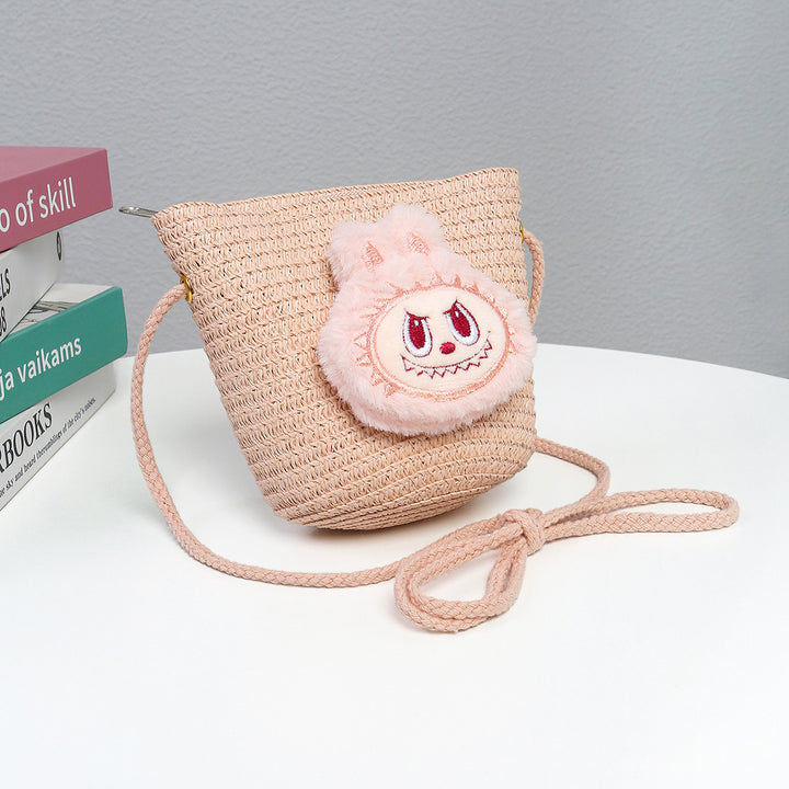 Cartoon cute monster Handmade Woven Straw Crossbody Bag