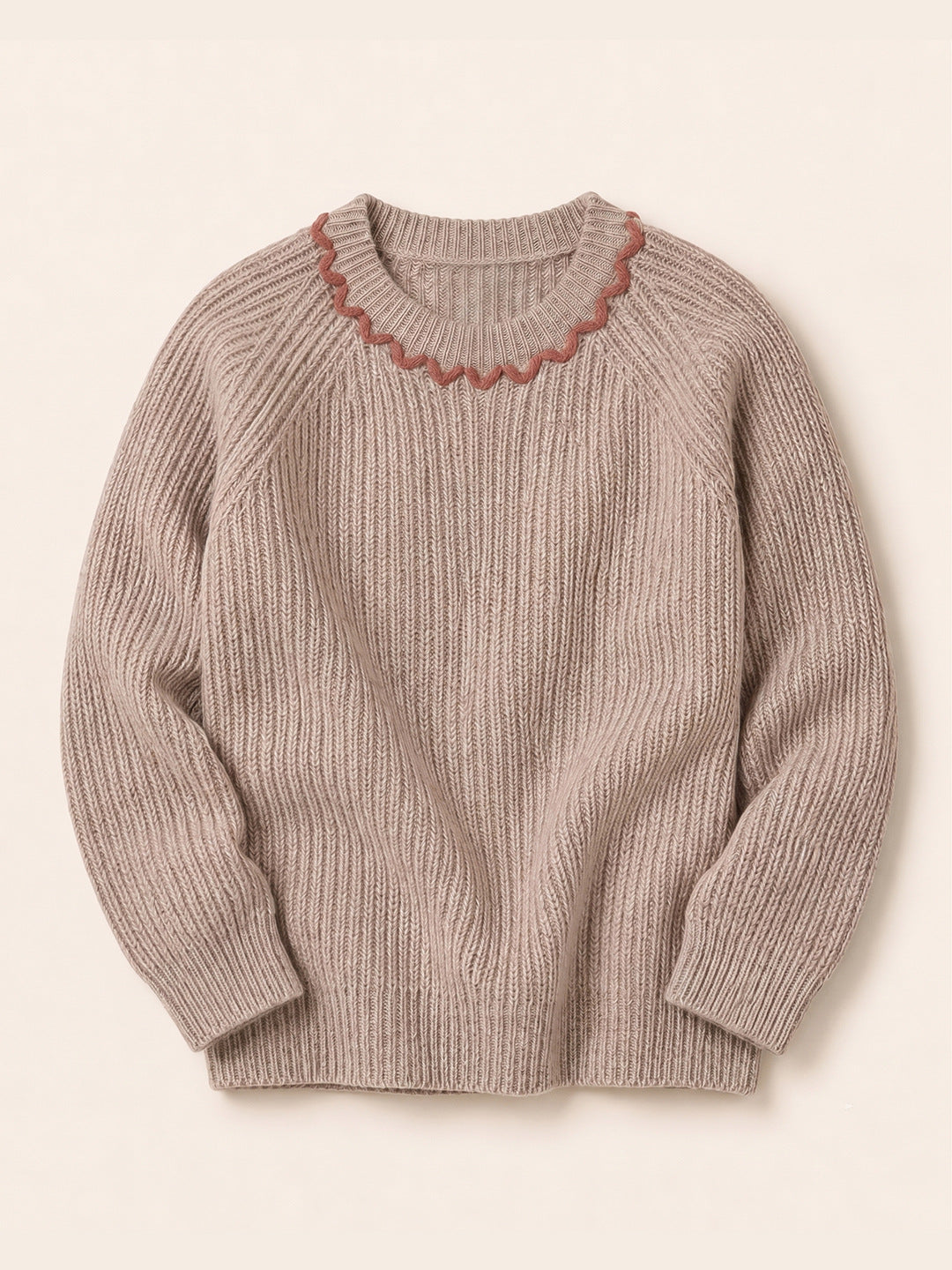 Girls' Ribbed Knit Pullover with Contrast-Color Scalloped Crew Neck