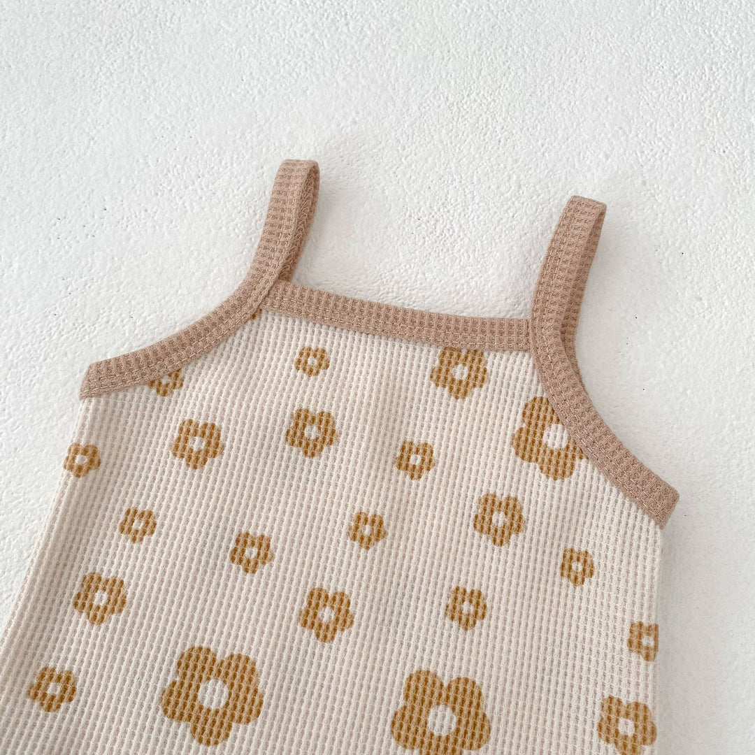 Baby flower waffle sling romper&bubble short 2pcs set