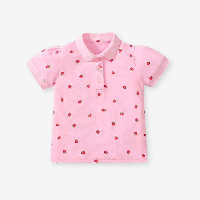 Girls pink cotton polo shirt with strawberry pattern