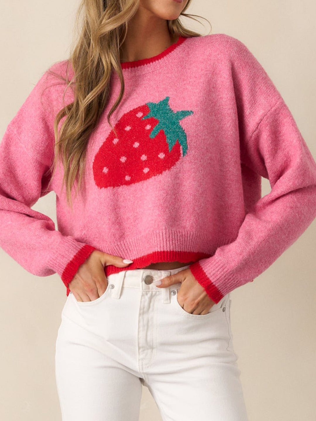 Strawberry jacquard pullover crop sweater