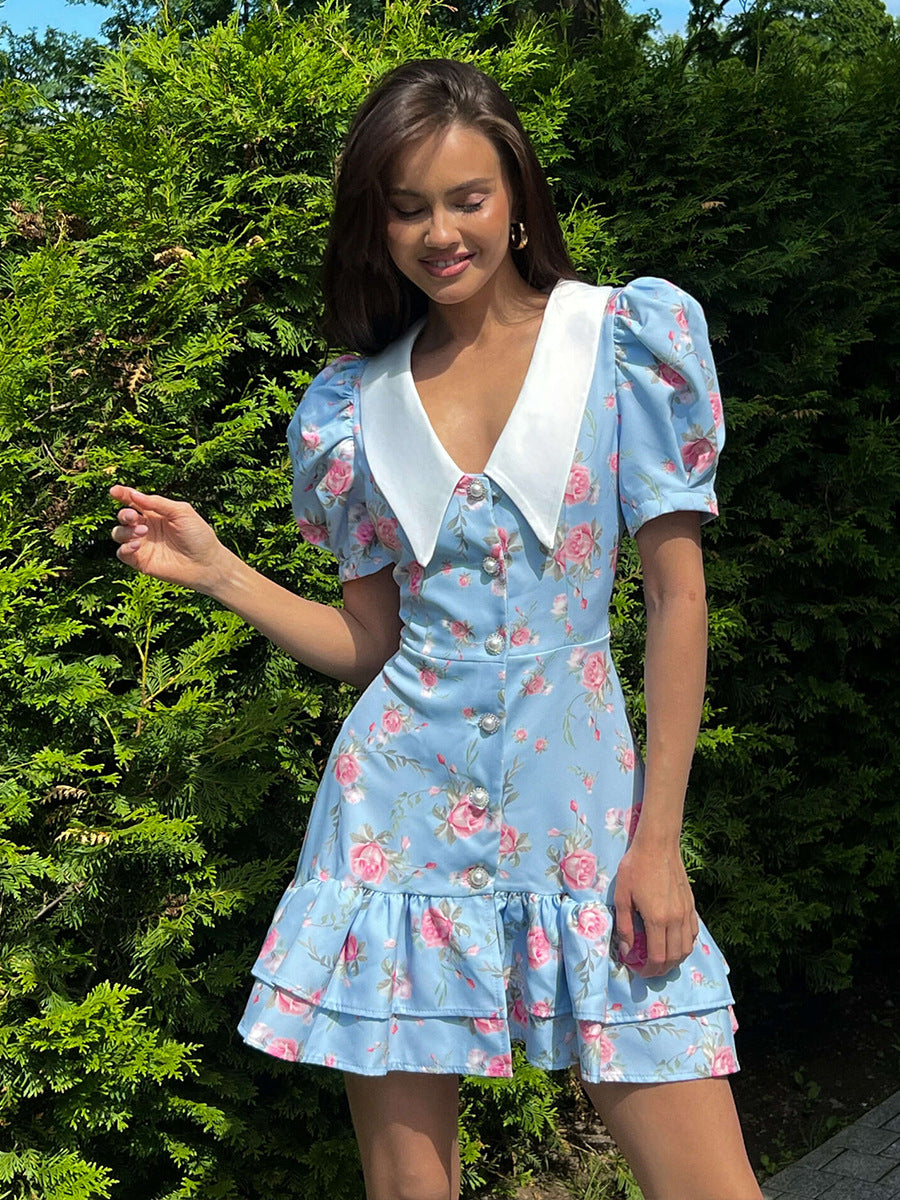French v-neck puff sleeve floral ruffle dress