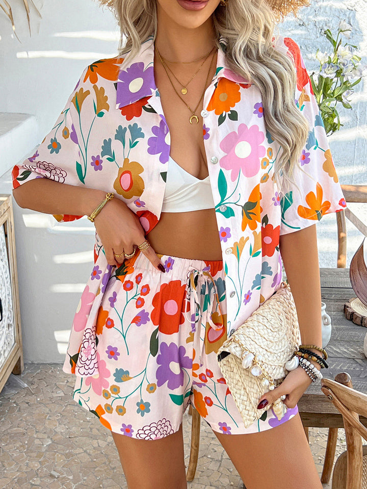 Boho Printed Button Top&short Set for summer vacation