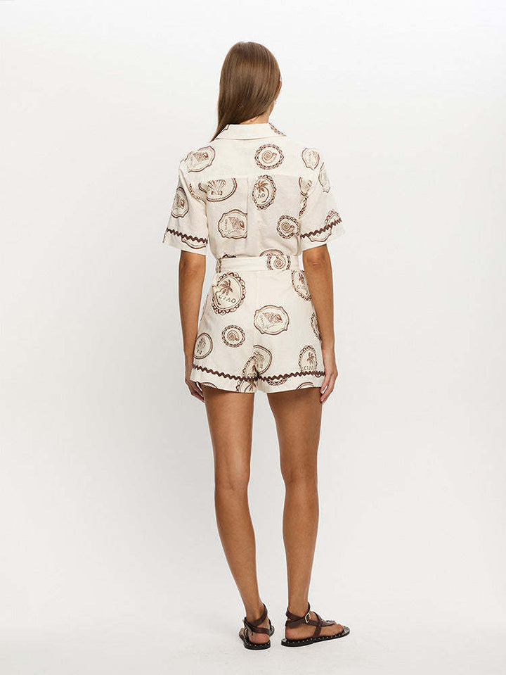 Ocean dream shell short sleeve shirt belt jumpsuit