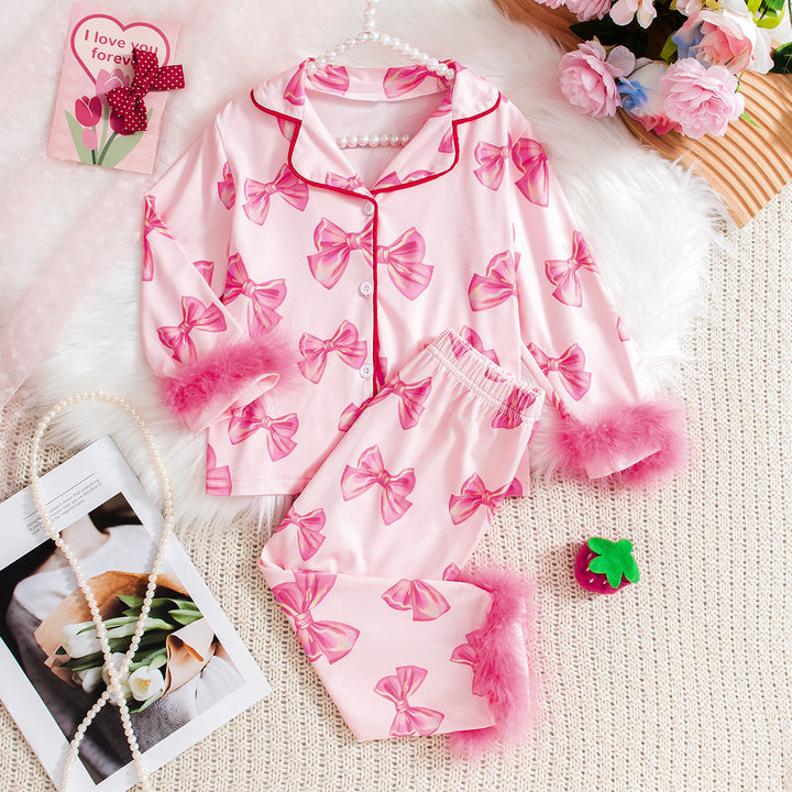 Christmas Bow print pajamas sleepwear set with feather deco