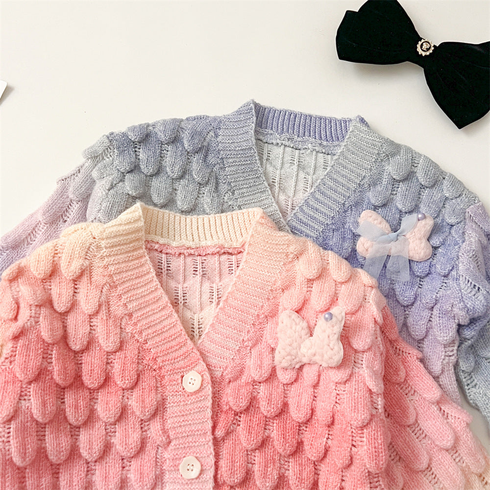 Gradient colorful knitted cardigan&tutu skirt 2pcs set