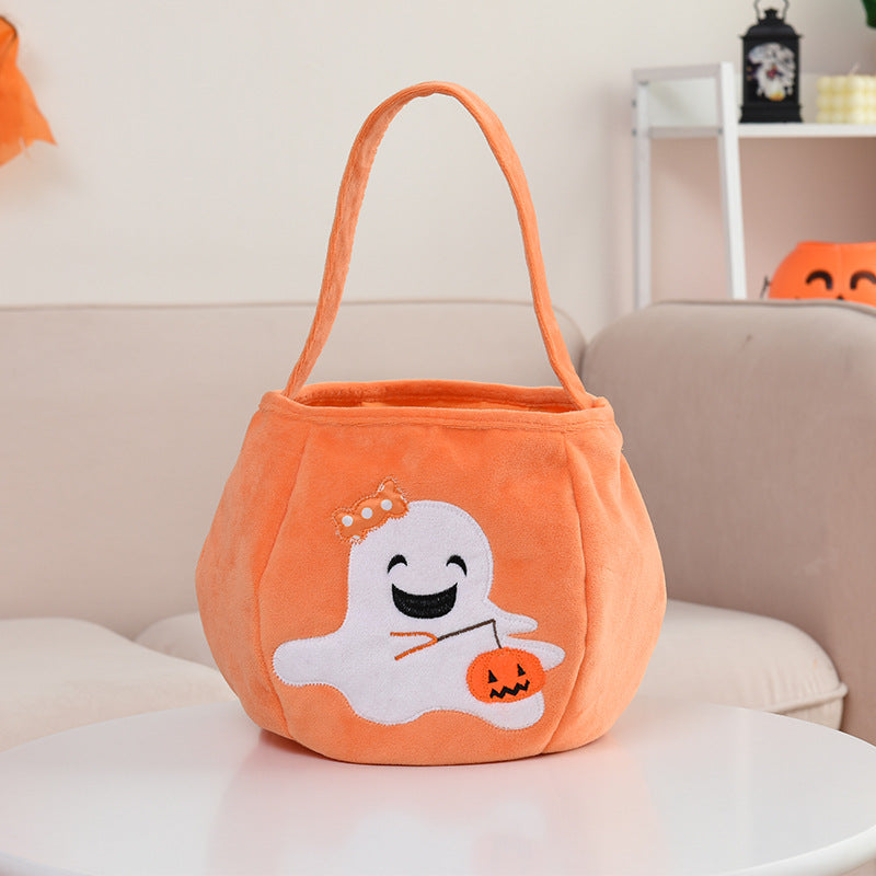 Halloween flannel pumpkin candy basket with skull ghost pattern